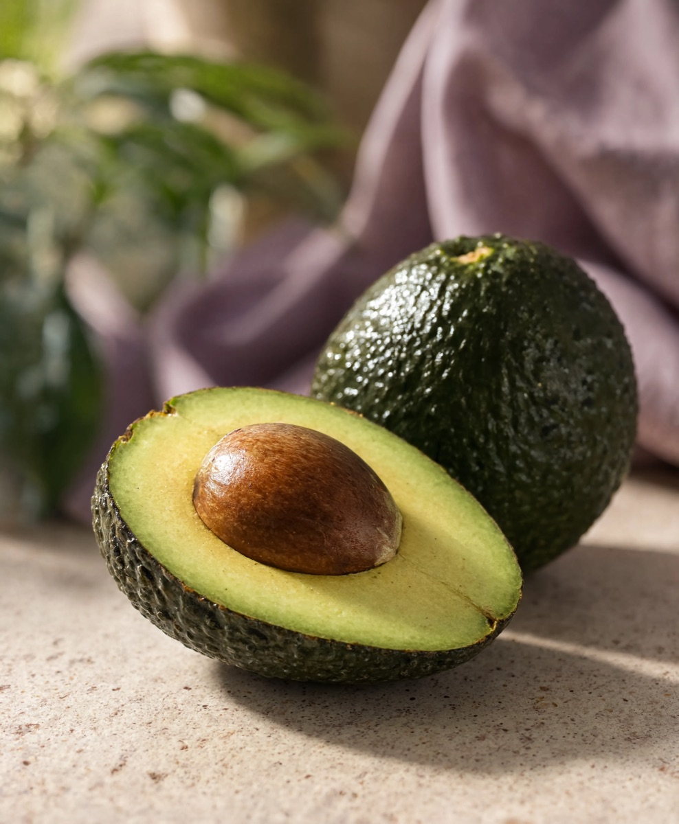 A Hass avocado, whole and halved