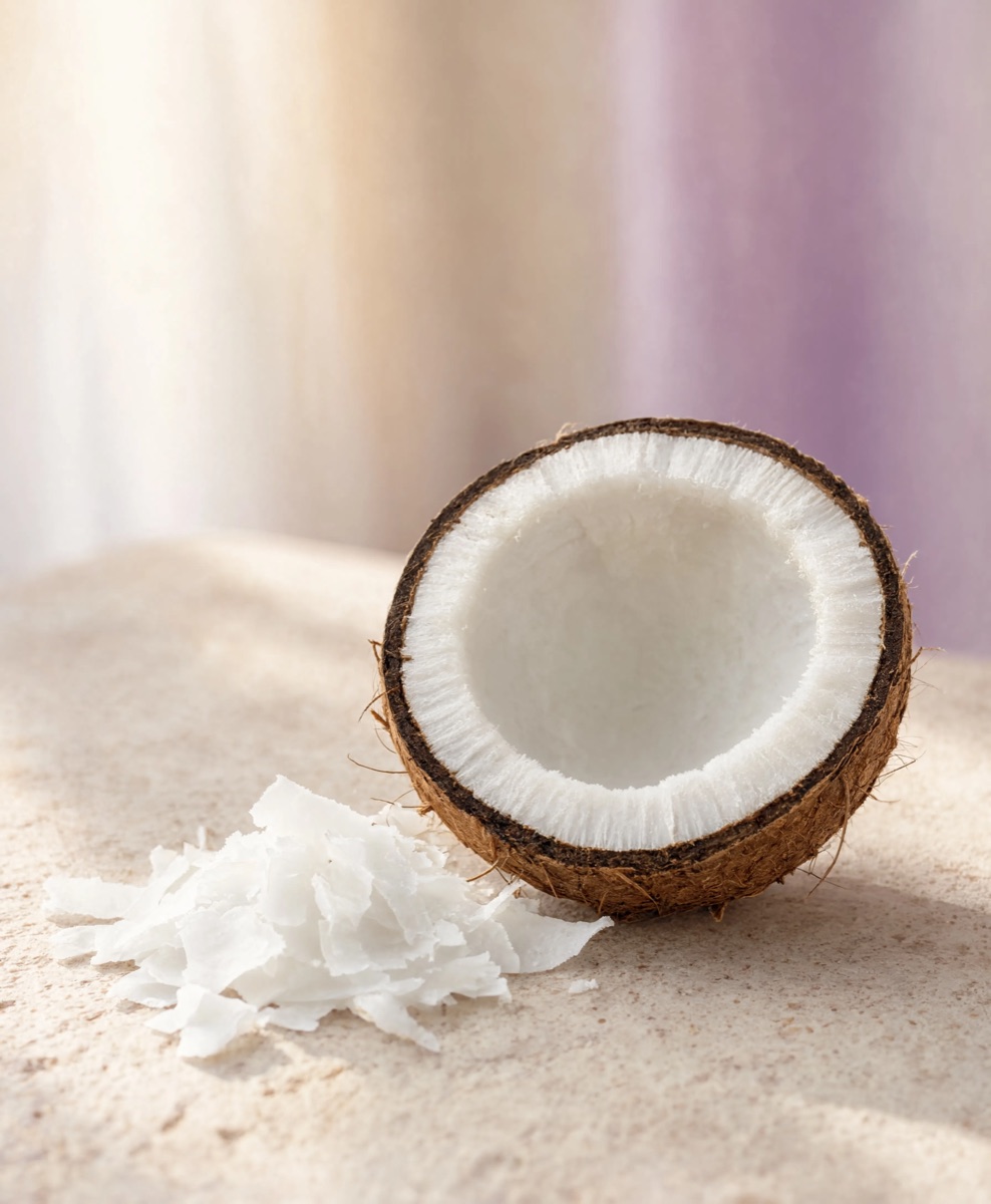 A coconut cracked open showing its white flesh