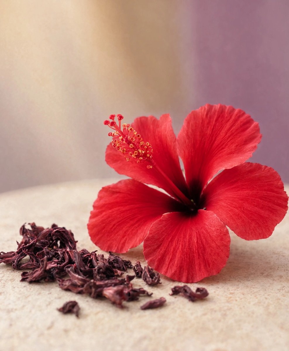 A red hibiscus flower in the bush