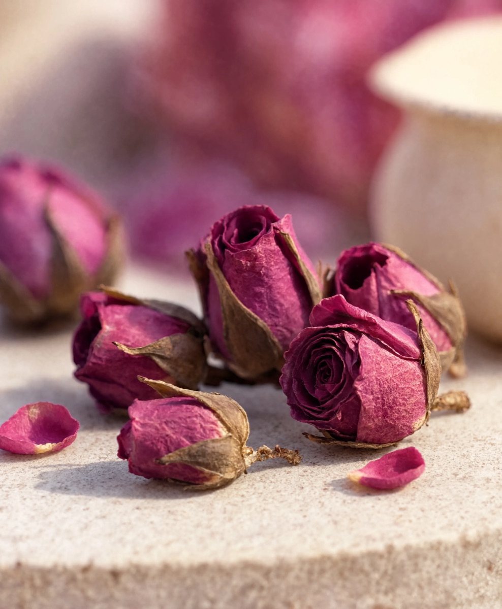 Dried rose buds beside a cup of tea