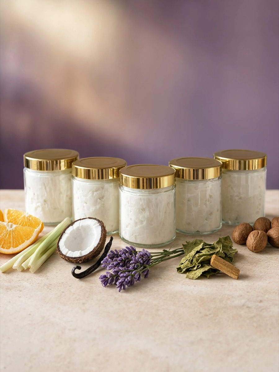 All five SARMARI'S whipped body butter jars with their botanicals