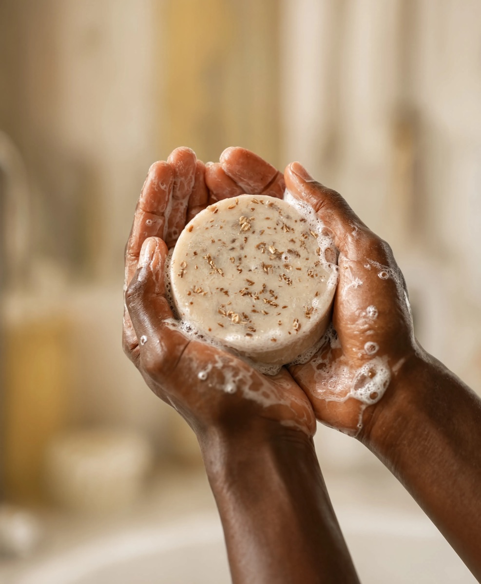 Hands working up a lather with oatmeal soap
