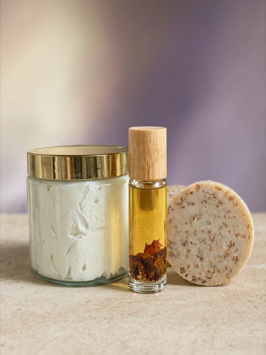 A whipped body butter jar, a body oil bottle, and a bar of soap together